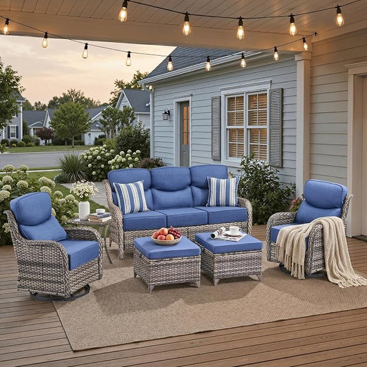 Luxury High Back Patio Furniture Set with 6-Inch Thick Cushions, 6-Pieces Outdoor Furniture with Swivel Chairs &Side Table, Wicker Conversation Set for Porch, Balcony, Deck and Yard, Grey/Blue