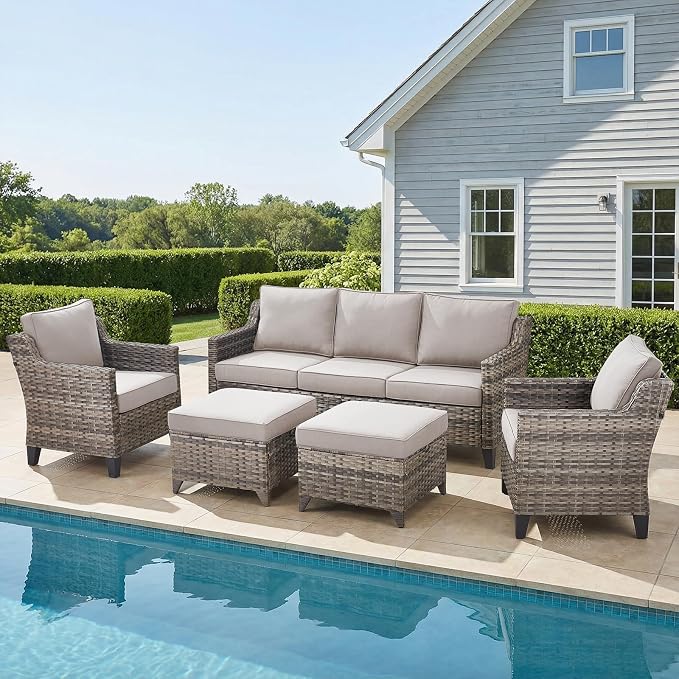 Belord Patio Chairs Set of 2 with 3-Seater Sofa, Outdoor Rattan Chairs for Deck Porch Garden, 5 Piece Patio Conversation Furniture Set,Beige
