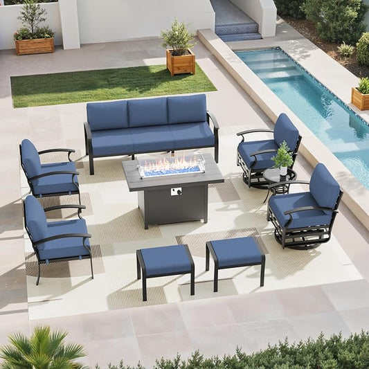 Aluminum Patio Furniture Set with Fire Pit Table, 9 Seats Outdoor Patio Conversation Sets with Swivel Chair Modern Metal Sectional Sofa with Upgrade Cushions for Patio, Backyard - Blue