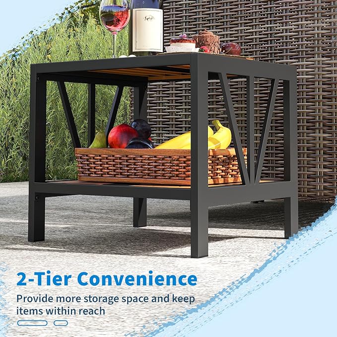 Tangkula Outdoor Side Table with 1.57” Umbrella Hole, 2-Tier Patio Metal End Table with Storage Shelf, Small Bistro Coffee Table for Porch, Balcony, Garden and Backyard (2)