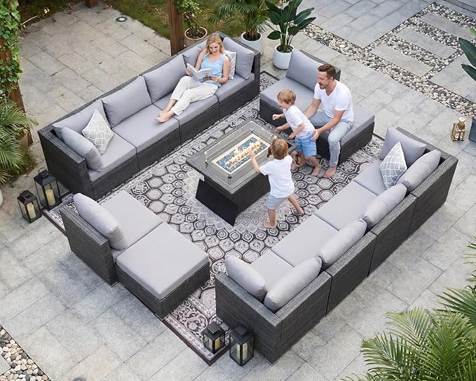 NICESOUL 13 Piece Patio Furniture w/Fireplace, Elegant Outdoor Seating w/Firepit, XL Size 29.3'' High Back Sectional Sofa, All-Weather Rattan Deck Couch, Modular Sturdy Conversation Set, Light Gray
