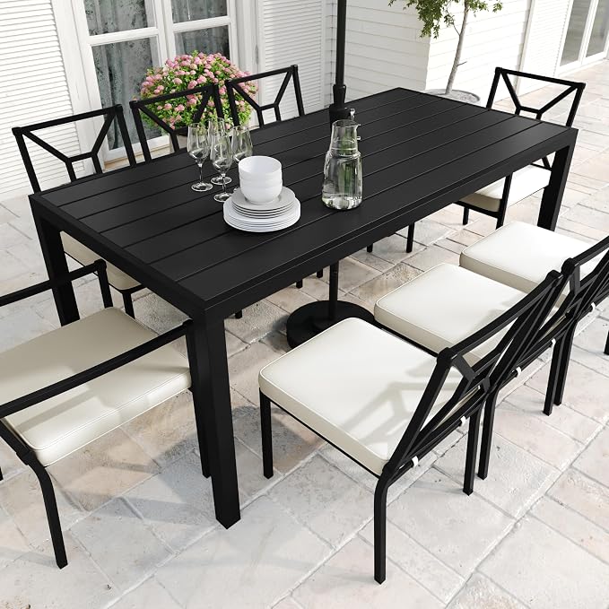 Martha Stewart Lily Pond 72" All-Weather Patio Table with Slatted Tabletop, Umbrella Hole, and Steel Frame in Black