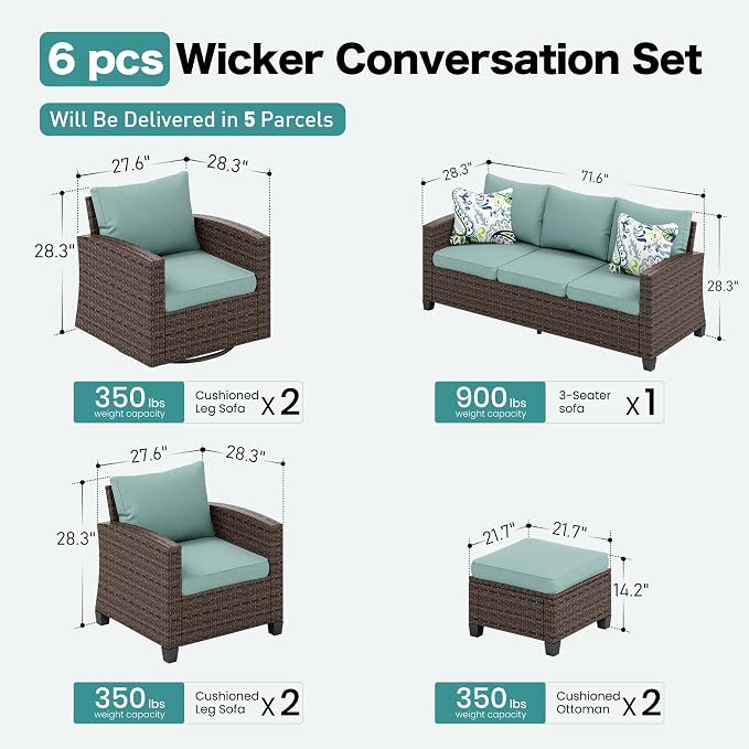 SUNSHINE VALLEY Swivel Glider Patio Furniture Set Outdoor Furniture Brown Wicker Rattan Patio Conversation Sets with Cushion Outside Sofa Set,7 Pieces 9 Seats,Blue