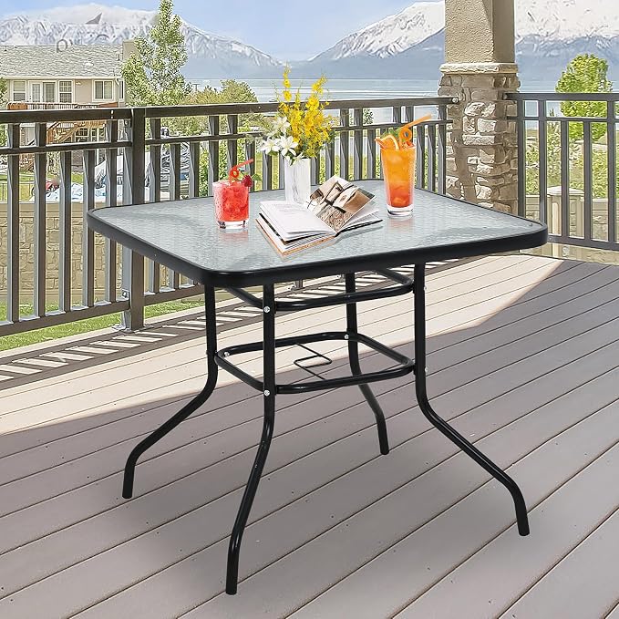 32 Inch Outdoor Bistro Table, Square Patio Table Tempered Glass Bistro Dining Set with Umbrella Hole for Garden, Balcony, Yard, Bars & Restaurant