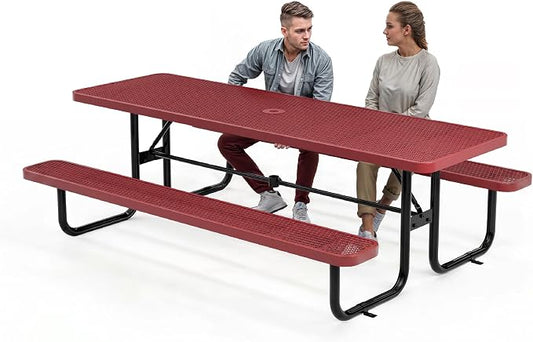 Commercial Heavy-Duty Metal Picnic Table - ADA Compliant, Adjustable Seats, Umbrella Hole, Expanded Metal (Red, 8' Rectangular)