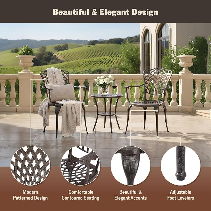 Kinger Home Arden 2-Piece Outdoor Patio Dining Chairs Set of 2, Cast Aluminum Patio Chair Set, All-Weather Resistant Outdoor Dining Furniture, Brown