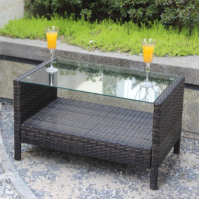 Outdoor Rattan Patio Side Tables, Wicker Table with Clear Tempered Glass Top, Patio End Tables with Storage Shelf, Outdoor Small Tables for Patio,Porch,Balcony,Backyard (Brown, 34.60 Inch)