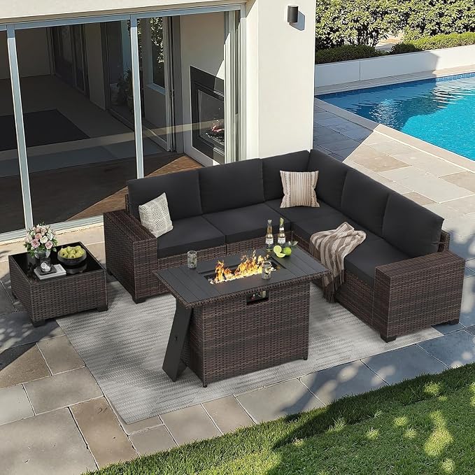 7-Piece Outdoor Sectional Black Wicker Rattan Conversation Set Patio Furniture Set with 44" Fire Pit Table for Garden Porch Backyard