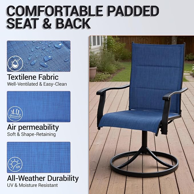 Patio Swivel Rocker Chairs Set of 2,Outdoor Dining Chairs High Back,15° Gentle Rocking Patio Chair with Padded Textilene, Metal Frame for Poolside Lawn Garden,Blue(2 PCS)