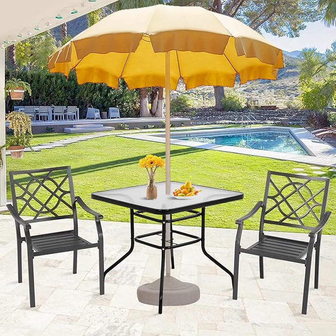 BLKMTY Outdoor Patio Table Bistro Metal Steel Frame Square Table Balcony Conversation Coffee Tables with Umbrella Hole Outside Garden Dining Tables with Tempered Glass Top, Black