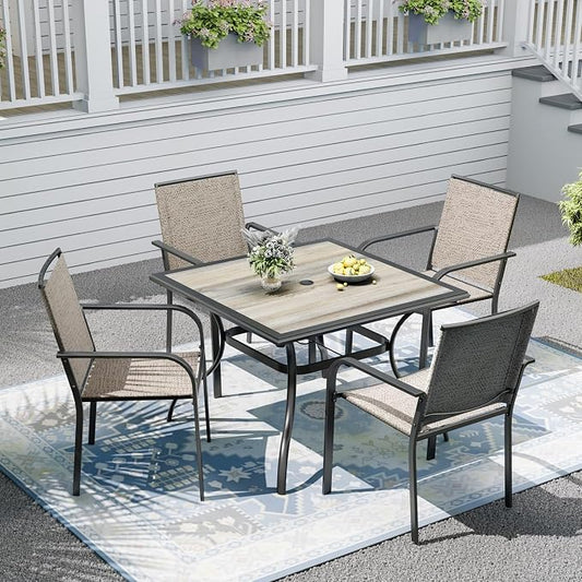 Patio Dining Set for 4, Outdoor 37" Dining Table with Laminated Top and 1.9" Umbrella Hole, 4pcs Stackable Patio Chairs Included, Perfect for Home & Outside