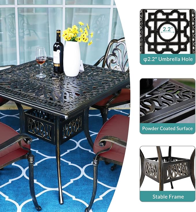 MEETWARM 5-Piece Outdoor Patio Dining Set, All-Weather Cast Aluminum Patio Conversation Set for Backyard Garden Deck with 4 Chairs, 4 Cushions and 35.4" Square Table, 2.2" Umbrella Hole, Chili Red