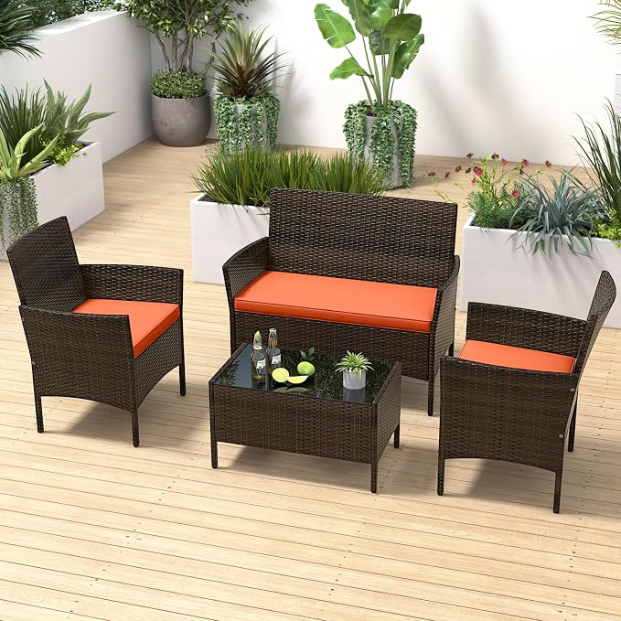 RELAX4LIFE 4-Piece Patio Furniture Set - Rattan Outdoor Conversation Bistro Set w/Cushions, Glass Coffee Table, Wicker Chairs & Loveseat for Garden Backyard Porch, Balcony Furniture Set (1, Orange)