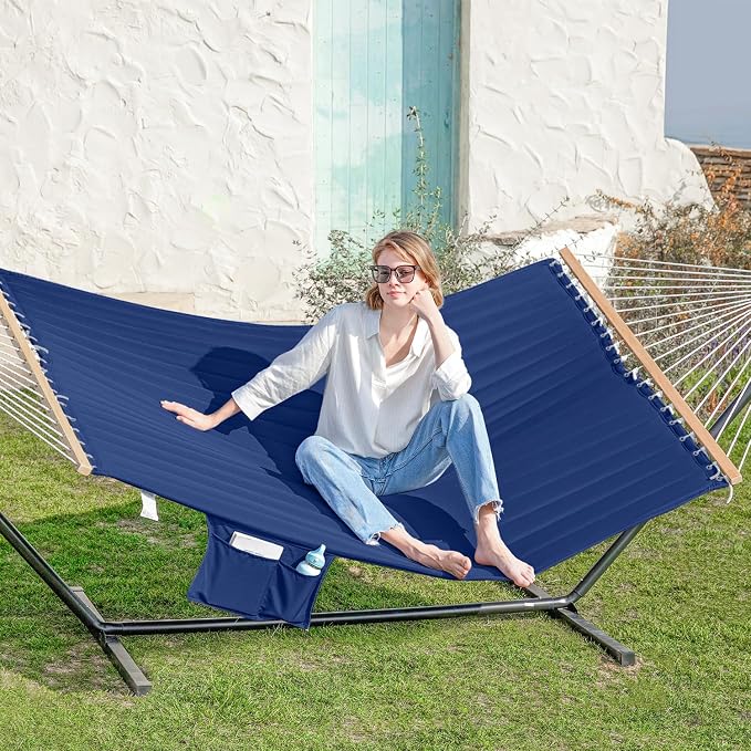 GAFETE 2 Person Hammock with Stand for Outside, Heavy Duty Steel Stand, Double 55inch Hammocks, Large Removable Pillow, Storage Bags, Max 475 lbs Capacity (Blue)