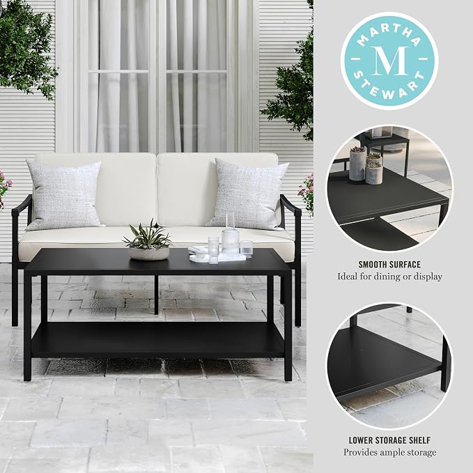 Martha Stewart Lily Pond All-Weather Patio Coffee Table with Lower Display Shelf and Steel Frame in Black