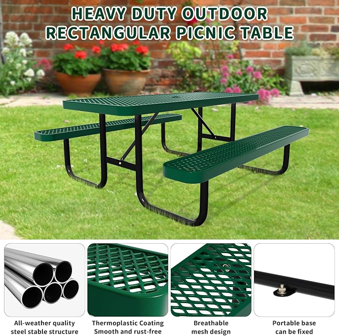 Picnic Tables for Outdoors,Commercial Metal Picnic Table Bench Set with Umbrella Hole,School Canteen Tables W/Seats - Heavy Duty Sturdy Picnic Tables Furniture for Patio Garden (Green, 6FT)