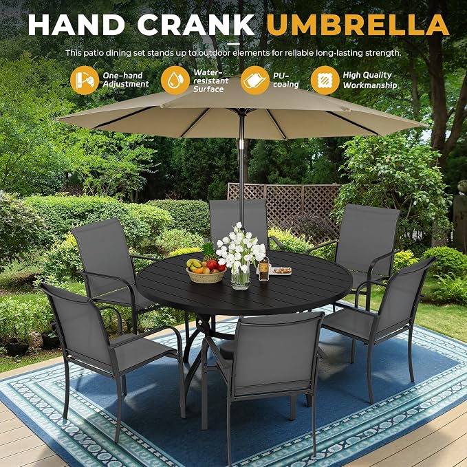7-Piece Patio Dining Set with Umbrella,6 Person Outdoor Table and Chairs Set, 6 Metal Dining Chairs and Round Outdoor Table with 1.57" Umbrella Hole,Grey