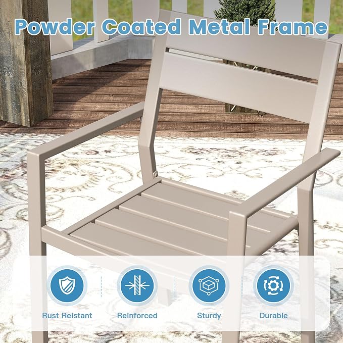 DIFY 7 Piece Outdoor Patio Dining Set for 6, Patio Table and Chairs Set with Umbrella Hole, 50" Round Dining Table and Stackable Metal Chairs for Backyard Garden Poolside, Grey Wood-Like & Sandshell