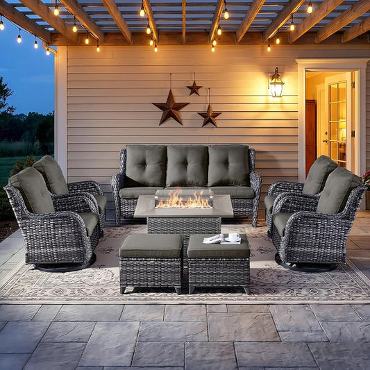 8 Piece Patio Furniture Set with 41" Fire Pit Table - Patio Conversation Set with 4 Inch Thick Cushions and Deep Seating Swivel Glider Chairs Set of 4 & Outdoor Couch for Porch Deck Yard Pool