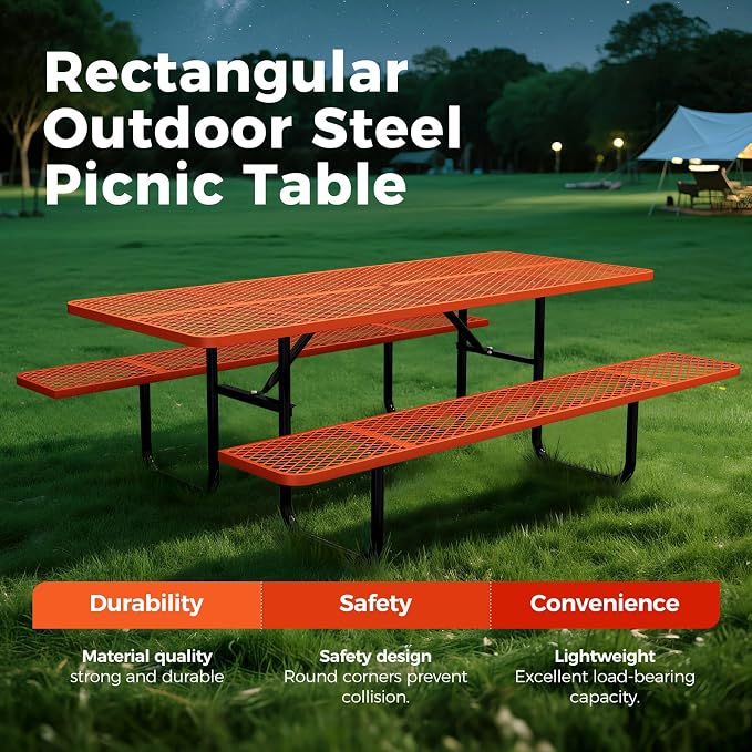 72 Inch Heavy Duty Picnic Table for Outdoors, Rectangular Camping Table with Benches and 1.78" Umbrella Hole, Commercial Grade Steel Frame, 2200 lbs Load Capacity, Orange