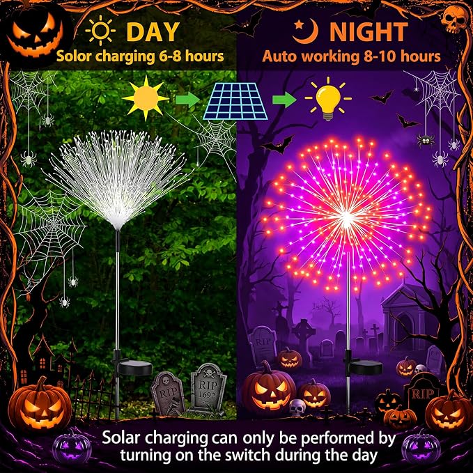 Tujoe 8 Pcs Halloween Solar Firework Stake Lights 180 LED 8 Modes Solar Waterproof LED Sparkler Lights Outdoor Decoration for Garden Patio Yard Pathway Walkway Lawn(Orange-Purple)