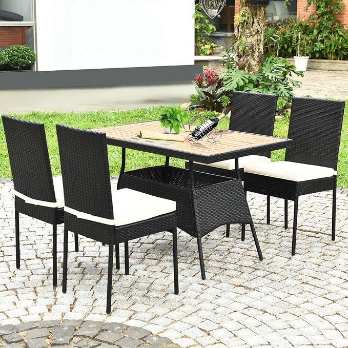 Tangkula 5 Piece Wicker Patio Dining Set, Outdoor Rattan Table & Chairs Set with Padded Cushions, Patio Furniture Dining Acacia Wood Table Set for Balcony Patio Garden Poolside