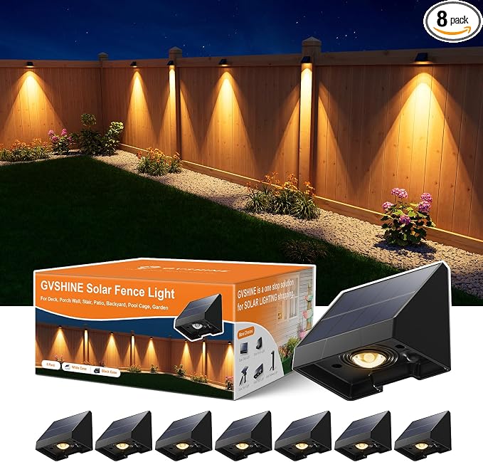 8 Pack Decorative Solar Powered Fence Lights Outdoor Waterproof with Warm White LED Spot Lens, for Outside Wall, Deck, Patio, Yard, Rail, Garage, garden, Designed for Enhanced Security, Easy Install
