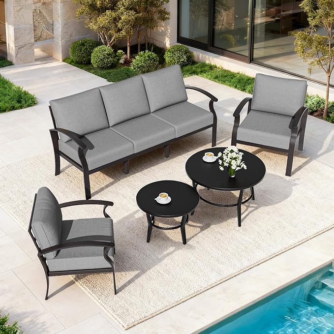 ALAULM Aluminum Patio Furniture Set with Round Coffee Tables, 5-seat Outdoor Sectional Furniture w/5.1" Cushions, Patio Conversation Set for Porch, Backyard, Poolside-Grey