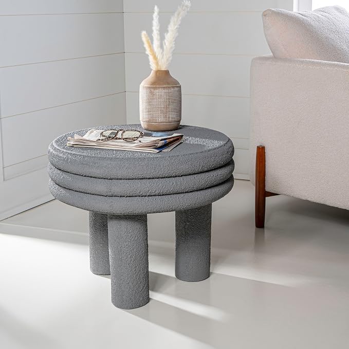 JONATHAN Y Rashida 18" Modern Round Polyresin Indoor Outdoor Accent Coffee Table, Weather Resistant Low Table with Chunky Ribbed Stacked Ring Design and Tripod Pillar Base, Gray Frosted TBL1106A