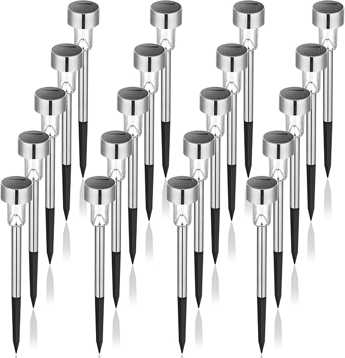 GIGALUMI Outdoor Waterproof Solar Garden Lights, 20 Pack Cold White | Stainless Steel LED, Cold White Brightness, Ideal for Patio Lawn Yard Landscape, Garden & Patio Decor