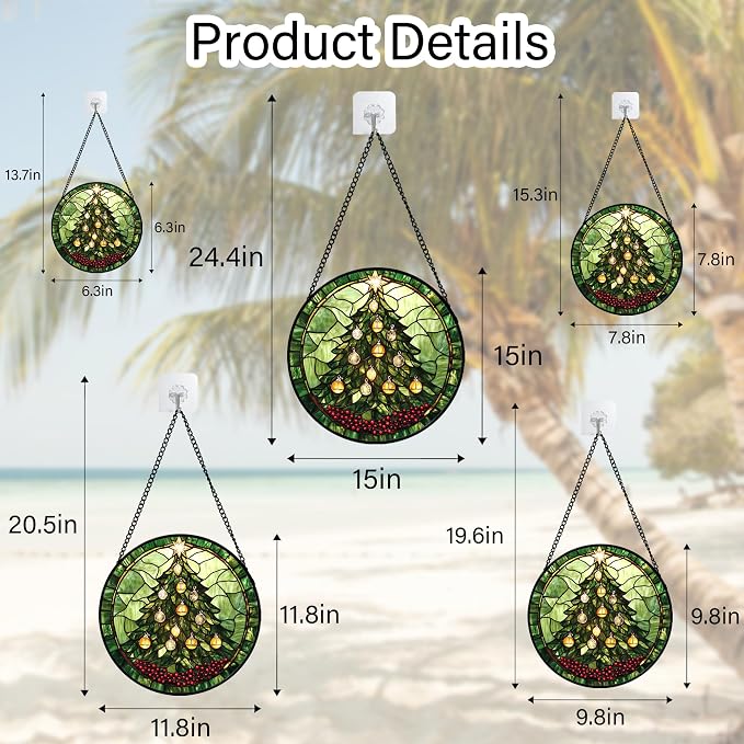 DASTOLL Stained Glass Window Hanging - Green Christmas Tree Golden Bells Suncatcher for Doors Home Christmas Decoration Sun Catcher Thanksgiving New Year Birthday Gift for Women Men Mom Nana 6.3 in