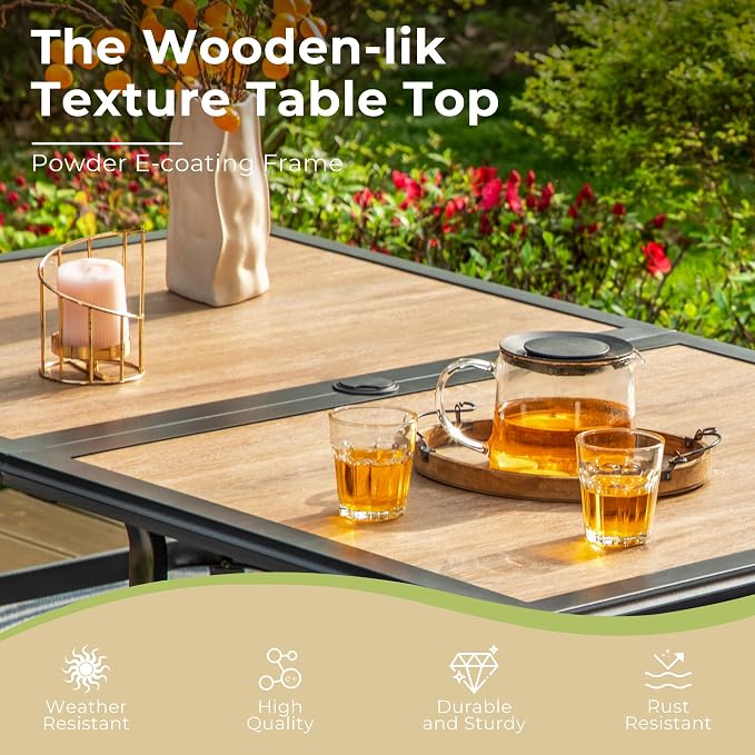 MIXPATIO Outdoor Patio Dining Table for 6, 60" x 37" Rectangular Metal Patio Dining Table with Umbrella Hole and Faux Wood Tabletop, All Weather Wrought Iron Black Outdoor Table for Backyard and Porch
