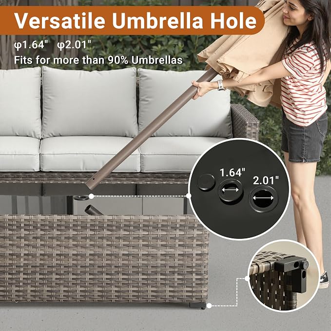 HOOOWOOO Outdoor Patio Side Table with Umbrella Hole,Wicker Coffee End Table Glass Top,Umbrella Table with 1.64" and 2" Hole for Yard,Deck,Porch,Garden(Rectangle Brown)