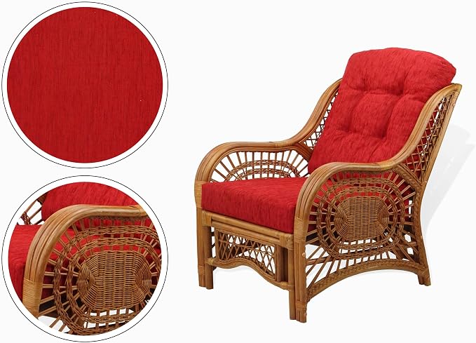 Malibu Lounge Set of 4: 2 Natural Rattan Wicker Chairs, Three-Seater Sofa with Cushions and Coffee Table with Glass Handmade, Colonial Color