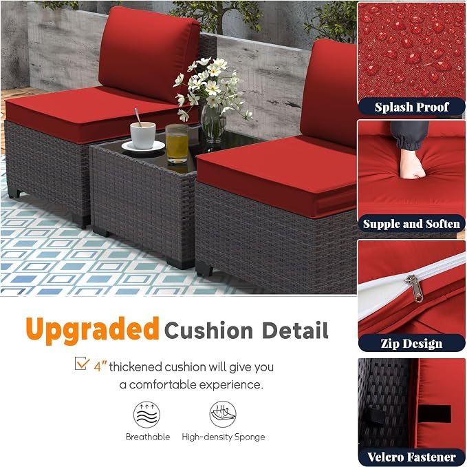 Patio Furniture Set 12 Pieces Outdoor Sectional Sofa Set,PE Rattan Wicker Patio Conversation Set with Thickened Cushions and Glass Coffee Table,Red