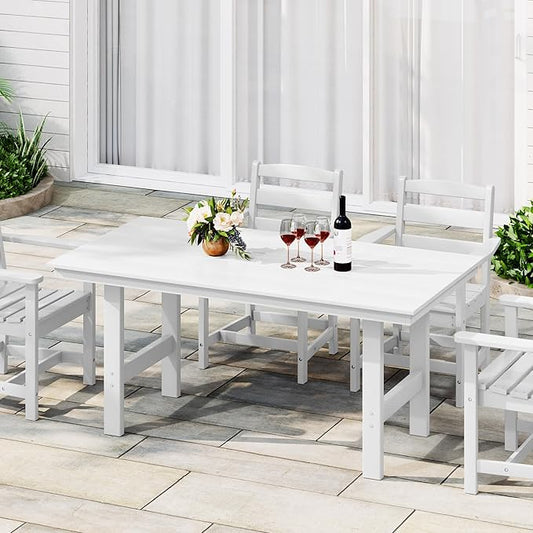 Costaelm Outdoor Patio Table, Outdoor Dining Table for 6, Weather Resistant Rectangle Patio Table with Umbrella Hole for Outside, Garden, Poolside, Porch, White
