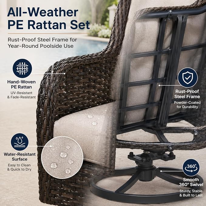 HUMMUH Outdoor Swivel Rocker Wicker Patio Chairs High Back PE Rattan Glider Chairs 4PCS Patio Furniture Set(Brown,Beige)