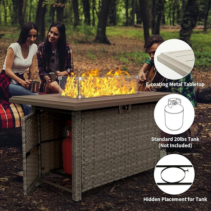 WAROOM Patio Furniture Set 4 Piece Outdoor Wicker Conversation Sets PE Rattan Couch Sectional Sofa with Fire Pit Table, Grey Cushion