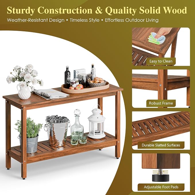 ZenStyle Solid Wood 48in 2-Shelf Console Table, Indoor Outdoor Accent Plant Table Storage Organizer w/Foot Sliders for Patio, Deck, Porch, Garden (Natural)