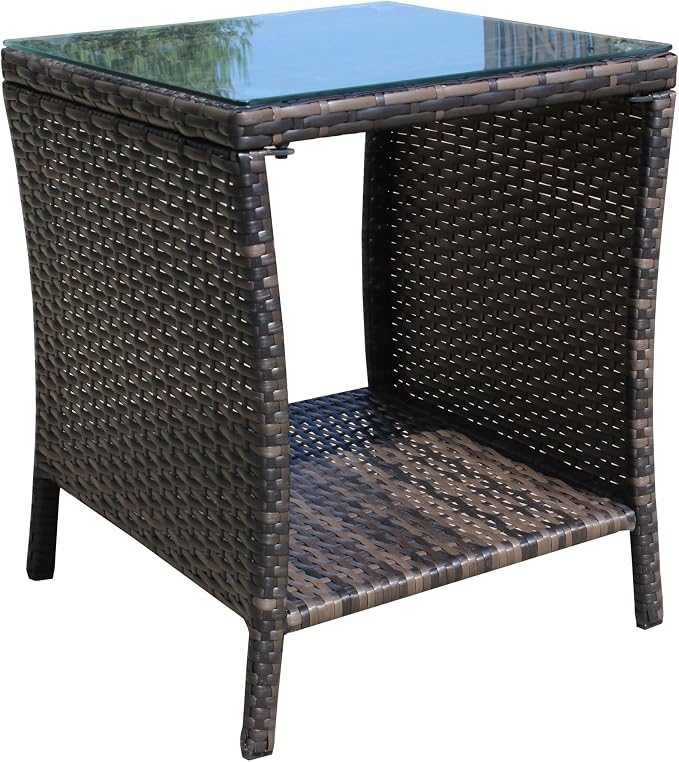 Outdoor Wicker Side Table, 19.25" Patio End Table with Storage & Tempered Glass Top, PE Rattan Coffee Table for Backyard Balcony Garden Lawn, 120 lbs Capacity, Brown
