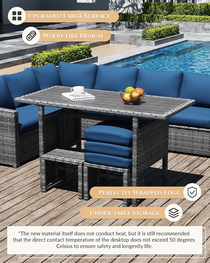 U-MAX 7 Pieces Patio Furniture Set with Waterproof Cover, Outdoor Sectional Sofa Conversation Set, All Weather Wicker Rattan Dining Table & Chair with Ottoman, Grey Rattan&Dark Blue Cushion