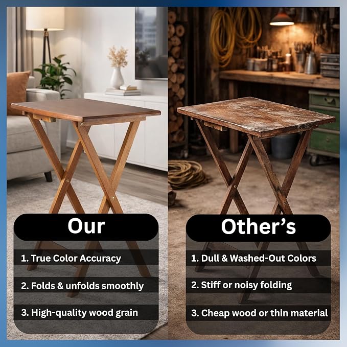 4-Pc Portable Dylan Wooden Snack Table Teak Finish Foldable Lightweight Space Saving Multipurpose Tray Indoor & Outdoor Laptop Stand Side Dinner Desk for Home Office Bedroom or Living Room