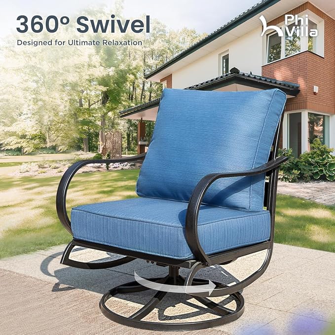 PHI VILLA 6 Pieces Patio Furniture Set with Firepit Table, 3-Seat Metal Outdoor Sofa, 2 x Swivel Sofa Chairs & 2 Ottomans, 5.75" Thick Cushioned Patio Conversation Set Backyard Furniture, Peacock Blue