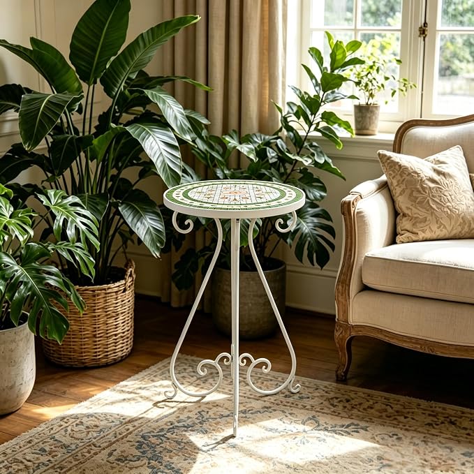 Outdoor Side Table & Mosaic Ceramic Plant Stand, 14" Metal Round End Table for Garden Home Patio Yard Porch Patio Decor Weather Resistant Outside Accent End Furniture (Flower#4)