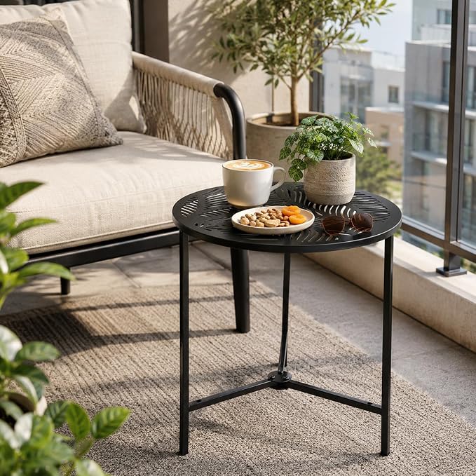 Extra-large Metal Side Table 17.7 Inches Heavy-duty Outdoor Patio Garden End Table Round Accent Corner Stand for Small Space Weather-resistant Coffee Table for Balcony Porch Plant Stand, Tropical Leaf