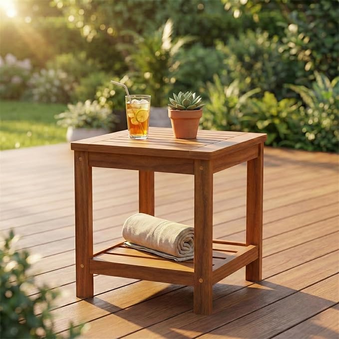 Outdoor Side Table, 2-Tier Solid Wood Patio End Table with Storage Shelf, 18 Inch Square Coffee Table with Teak Oil Finish for Garden, Poolside, Balcony and Living Room, Natural