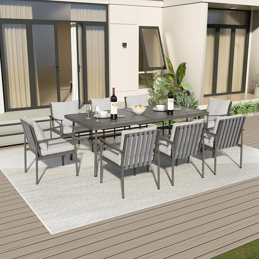 9-Piece Outdoor Dining Set for 8, Aluminum Dining Set with Cushions, 8 Dining Chairs with Rope Backrest, Large Rectangular Table with Umbrella Hole,Patio Dining Set for Porch Yard Deck,Grey