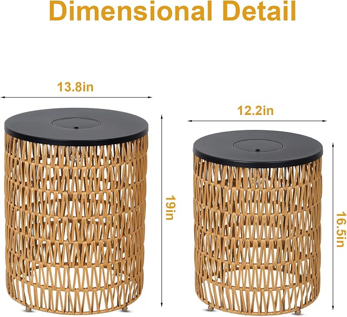 HMVPL Solar Outdoor Side Table for Patio, Round Patio Side Table for Outside, Outdoor End Table Set of 2 with Dimmable Light, Plastic Rattan Accent Table for Poolside Backyard Gazebo, Dusk to Dawn