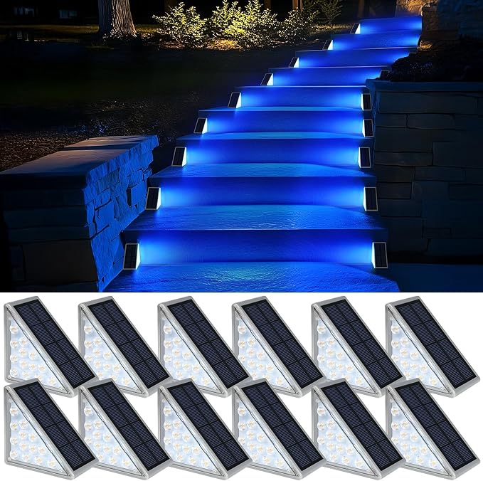 AUDLES 12 Pack Solar Stair Lights, Outdoor Step Lights with Waterproof IP67, Blue Color LED Solar Light for Outside Light Decor for Stair, Deck, Front Step, Front Porch, Patio and Backyard