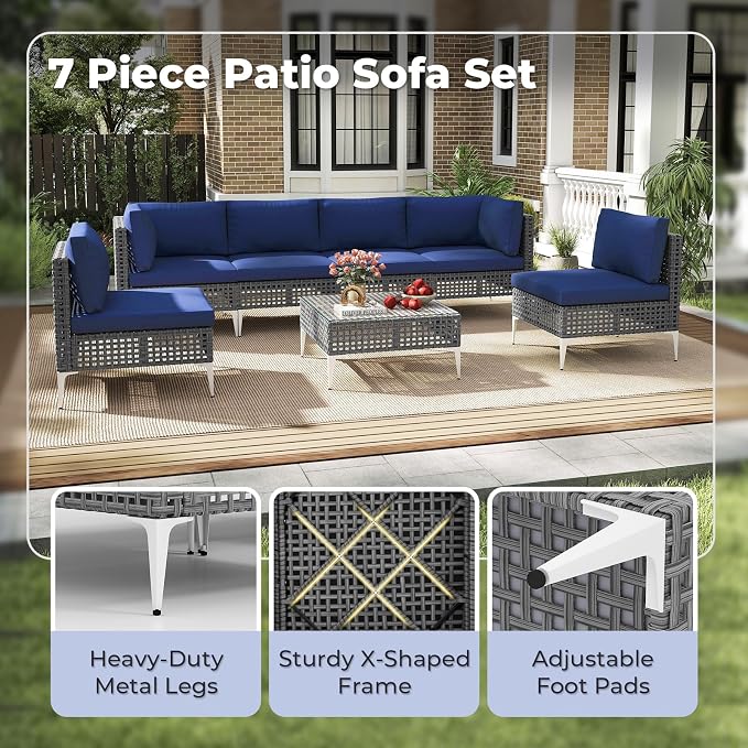 Tangkula 7 Piece Outdoor Furniture Set, Patiojoy Patio Wicker Sectional Cushioned Sofa Set with Coffee Table, for Backyard, Poolside, Porch and Lawn (Navy Blue)